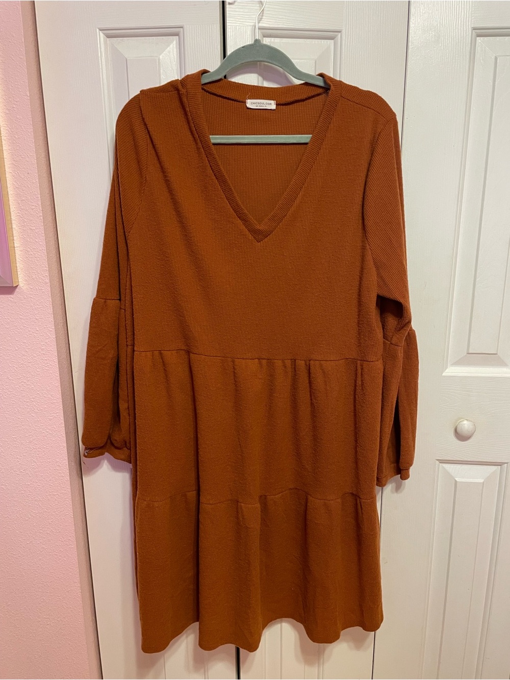 Chic Soul Rust V-Neck Tiered Long Sleeve Dress